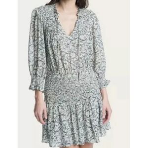 Frye Cara Dress Smocked Waist Size S Blue/White Paisley Floral Print Ruffles